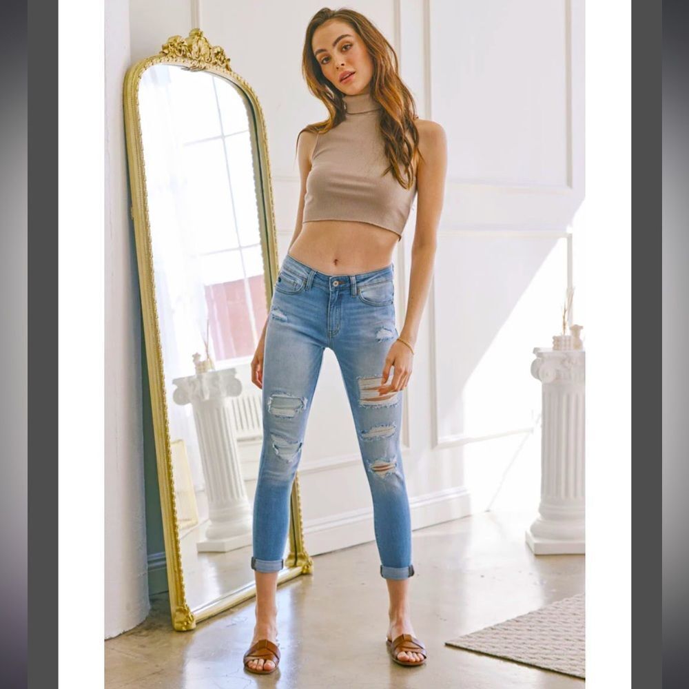 Mid Rise Distressed Ankle Skinny Denim Jeans